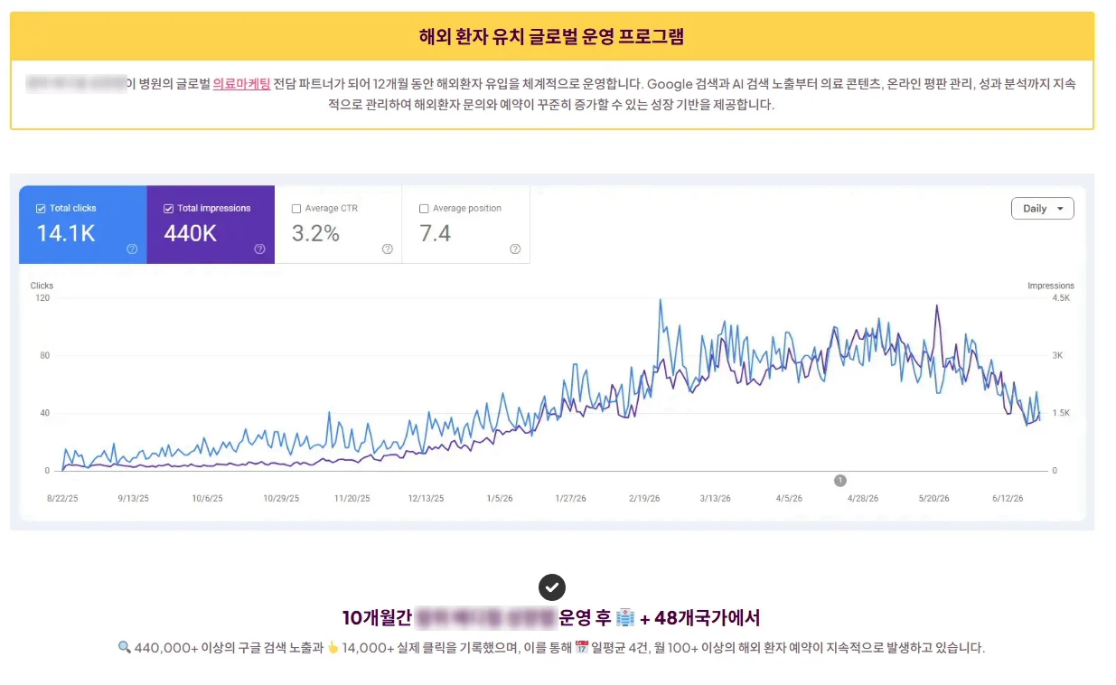 마케팅 업체가 제시한 해외 환자 유치 운영 프로그램과 구글 서치콘솔 그래프(업체명 흐림)